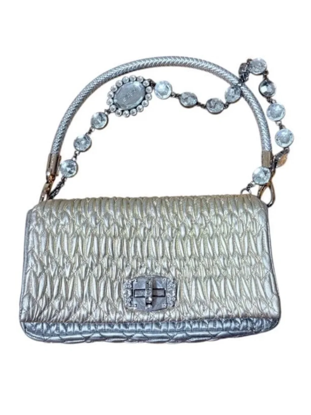 Miu Miu Shimmery Silver Quilted Evening Clutch with Jeweled Strap